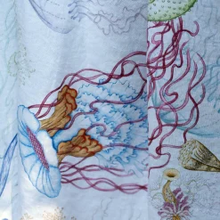 Tovaglia rettangolare in canapa bianca 170x310cm a stampa meduse e cavallucci marini