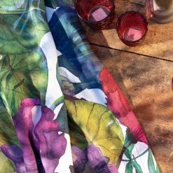 Tovaglia rettangolare in canapa bianca 160x230cm a stampa fiori karkadè multicolore