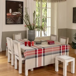 Tovaglia rettangolare per 12 persone in cotone a fantasia tartan beige rossa e grigia
