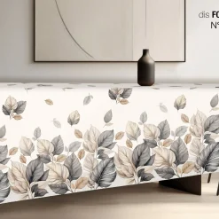Tovaglia rettangolare per 6 persone in cotone a fantasia foglie grigia e beige
