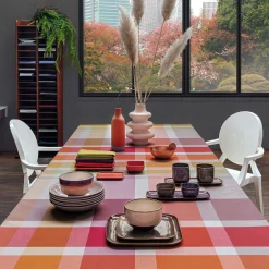 Tovaglia rotonda per 8 persone a fantasia tartan arancione e verde