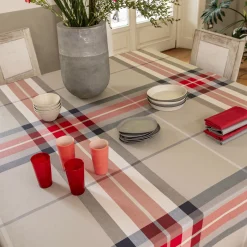 Tovaglia rotonda per 8 persone in cotone a fantasia tartan beige rossa e grigia