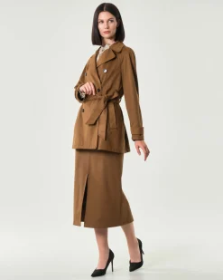 Trench corto color cuoio Emme Marella effetto suede con chiusura a doppiopetto e cintura in vita