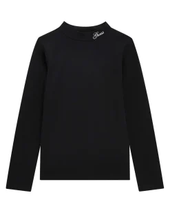T-shirt lupetto Guess nera in cotone stretch a maniche lunghe con rouches