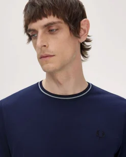 T-shirt mezza manica Fred Perry blu indaco con bordino blu e grigio