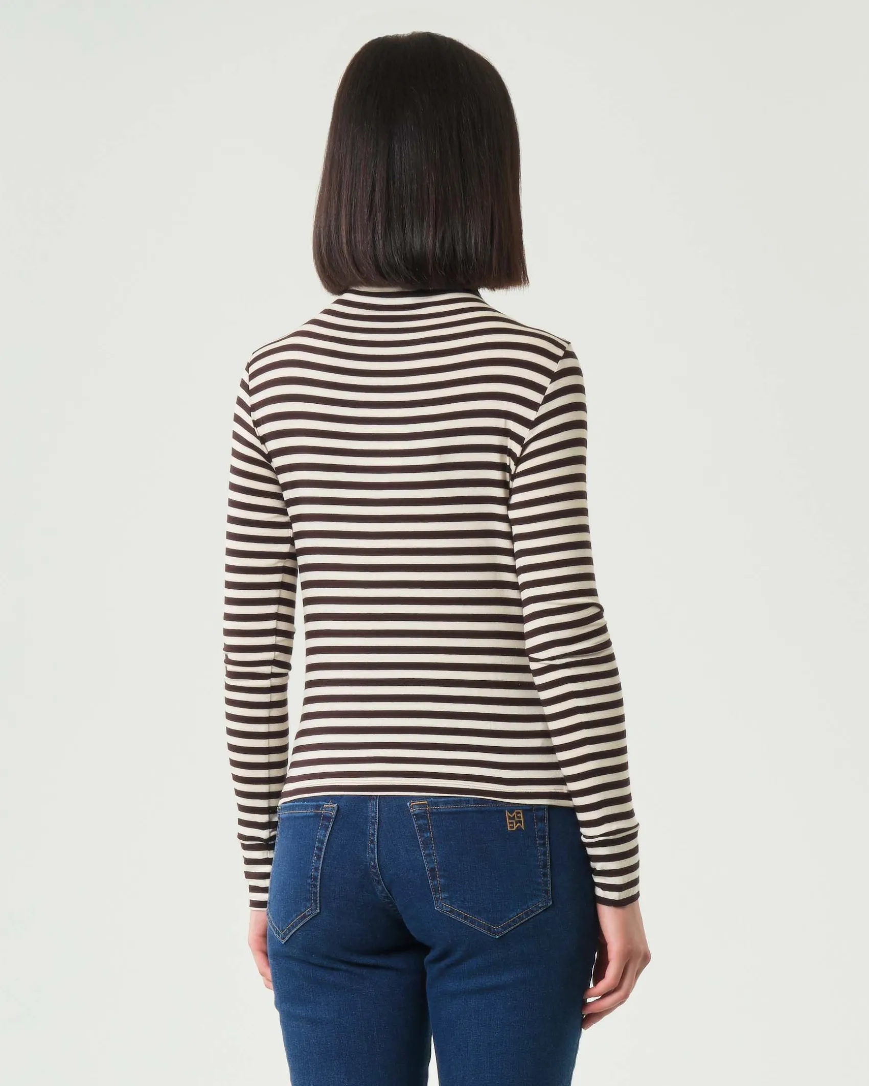 T-shirt a collo alto color panna a righe marroni Emme Marella a maniche lunghe in viscosa stretch