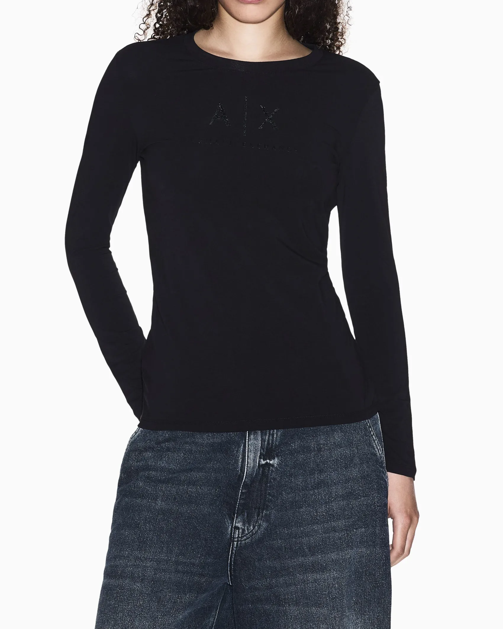 T-shirt a manica lunga Armani Exchange nera in jersey di cotone elasticizzato