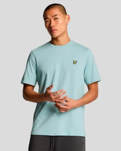 T-shirt acqua mezza manica in cotone con logo aquila gialla ricamata sul petto