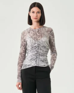 T-shirt aderente a maniche lunghe Emme Marella in tulle a fantasia pitonata con arricciatura sul davanti