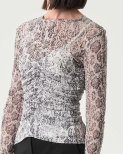 T-shirt aderente a maniche lunghe Emme Marella in tulle a fantasia pitonata con arricciatura sul davanti