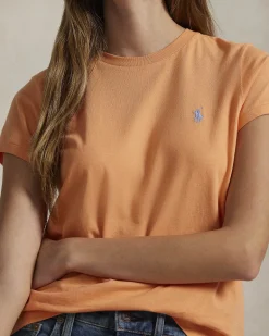 T-shirt arancione girocollo in cotone con logo azzurro ricamato