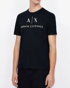 T-shirt Armani Exchane blu in cotone con logo AX stampato in contrasto sul petto
