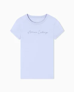 T-shirt Armani Exchange azzurra in cotone con logo in rilievo
