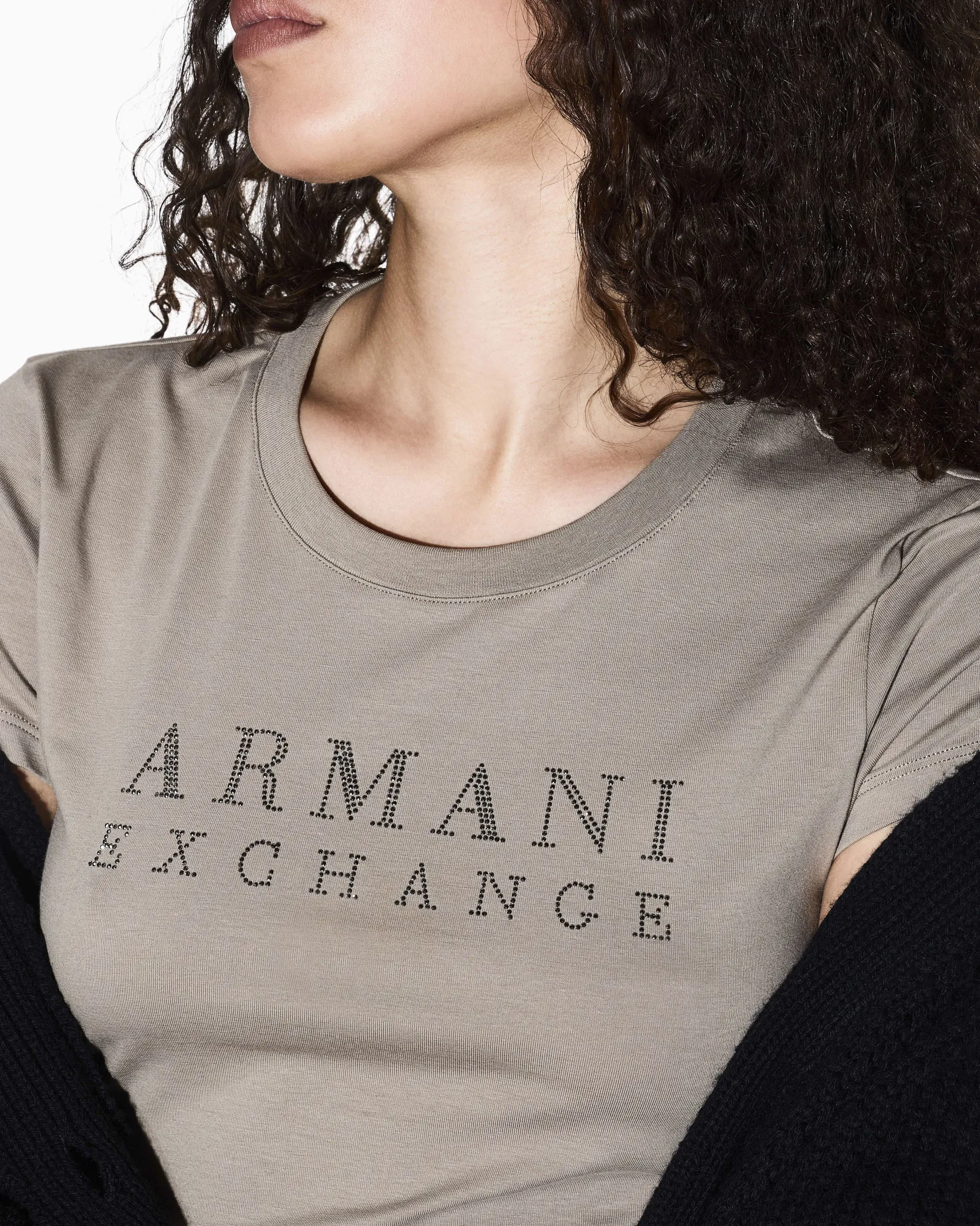 T-shirt Armani Exchange beige in jersey misto cotone elasticizzato con dettagli in maglia