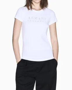 T-shirt Armani Exchange bianca in jersey di cotone elasticizzato con dettagli in maglia