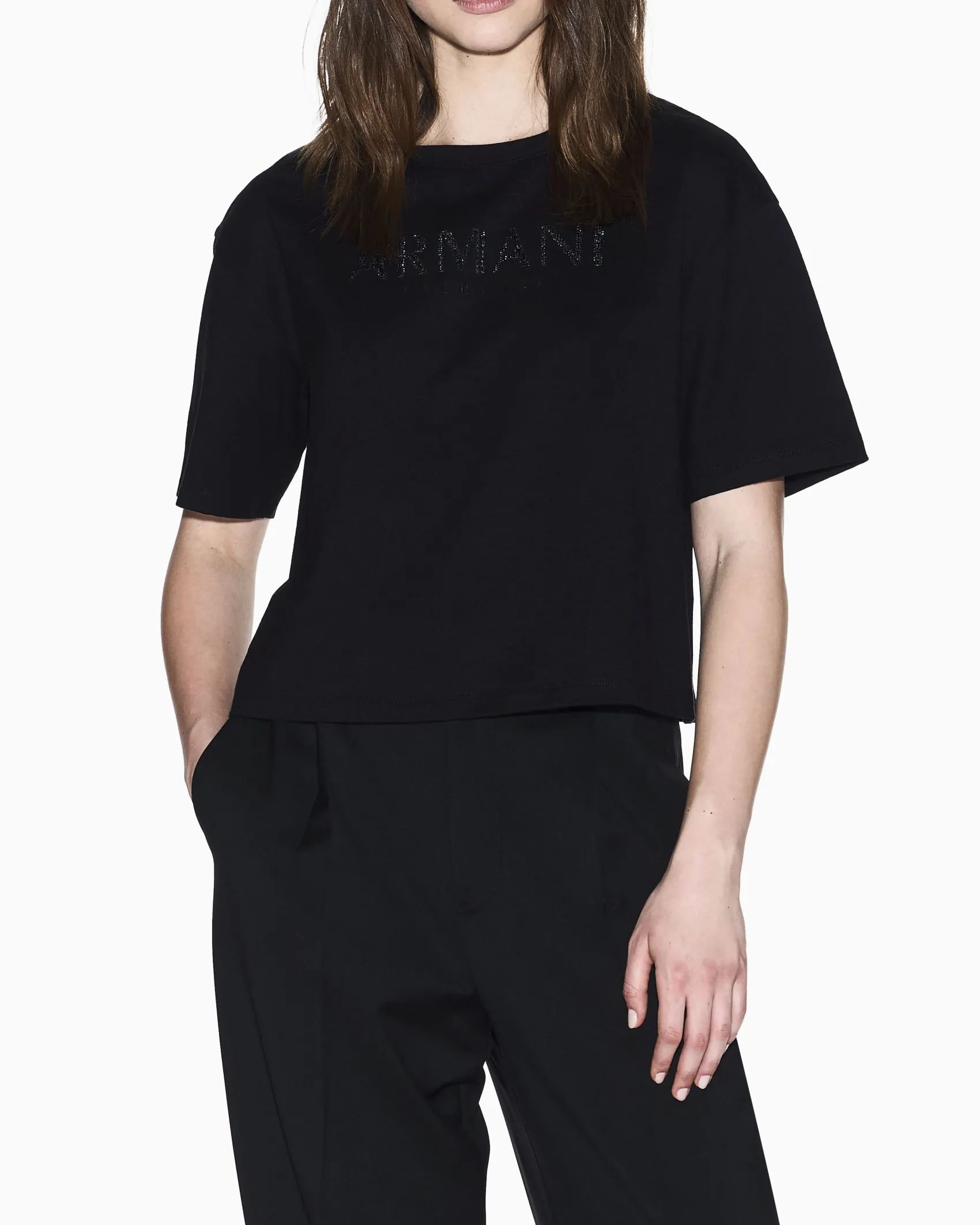 T-shirt Armani Exchange nera in cotone con logo in strass tono su tono sul davanti