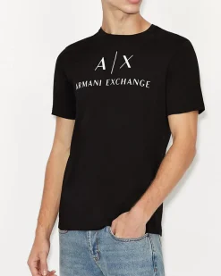 T-shirt Armani Exchange nera in cotone con logo AX stampato in contrasto sul petto