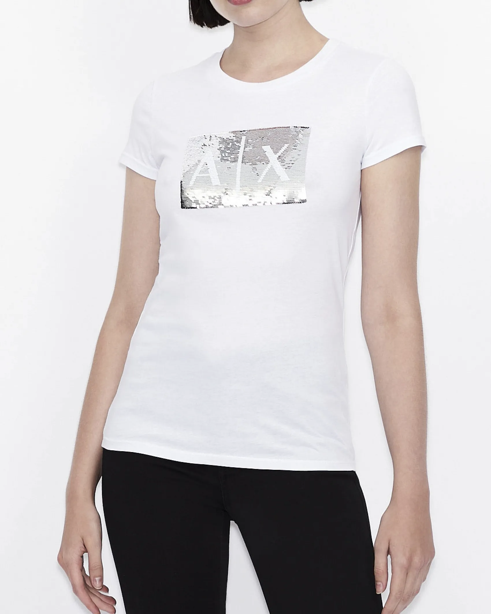 T-shirt bianca Armani Exchange in cotone con logo in paillettes reversibili nel color argento