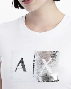 T-shirt bianca Armani Exchange in cotone con logo in paillettes reversibili nel color argento