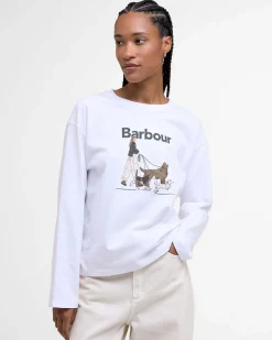 T-shirt bianca Barbour in cotone stretch con stampa cani a passeggio