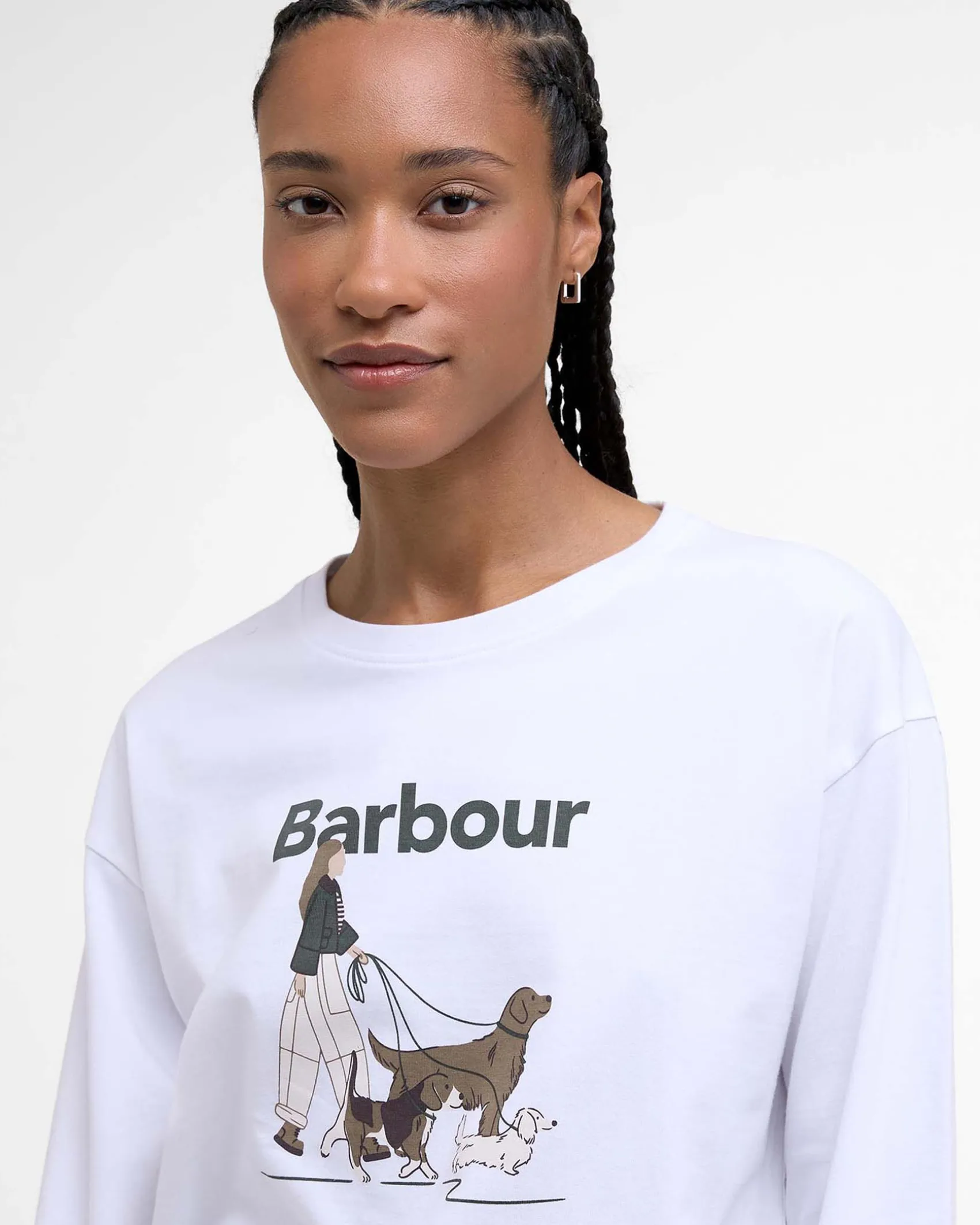 T-shirt bianca Barbour in cotone stretch con stampa cani a passeggio