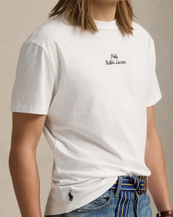 T-shirt bianca classic-fit mezza manica con logo scritta ricamato davanti