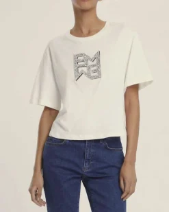 T-shirt bianca Emme Marella cropped in cotone con logo Emmegram in cristalli applicati sul davanti