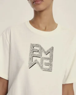 T-shirt bianca Emme Marella cropped in cotone con logo Emmegram in cristalli applicati sul davanti