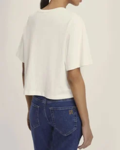 T-shirt bianca Emme Marella cropped in cotone con logo Emmegram in cristalli applicati sul davanti