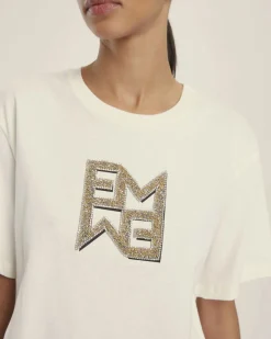 T-shirt bianca Emme Marella cropped in cotone con logo Emmegram in cristalli dorati applicati sul davanti