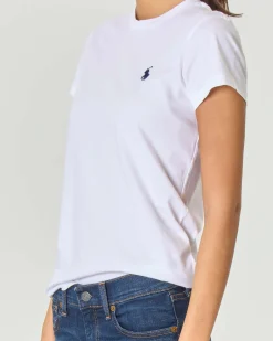 T-shirt bianca girocollo in cotone con logo blu ricamato