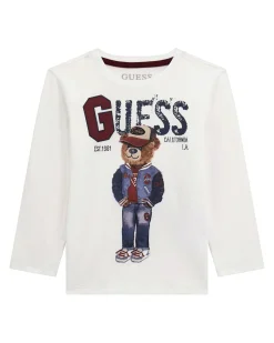 T-shirt bianca Guess a maniche lunghe con stampa orsetto e maxi scritta logo