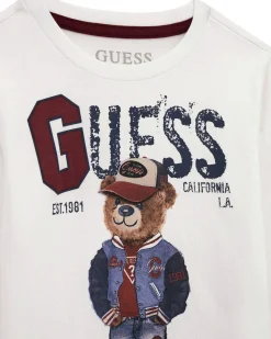 T-shirt bianca Guess a maniche lunghe con stampa orsetto e maxi scritta logo