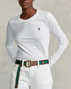 T-shirt bianca in cotone a maniche lunghe con scollo tondo e logo ricamato su petto