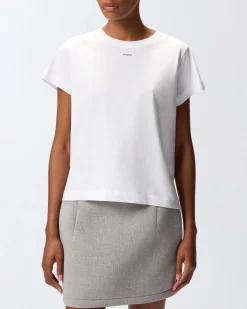 T-shirt bianca in cotone a maniche corte Pinko con mini logo stampato a contrasto sul petto