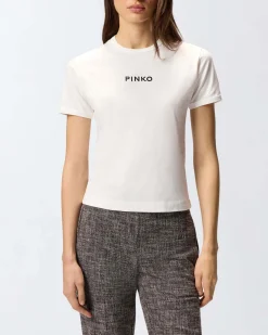 T-shirt bianca in cotone a maniche corte Pinko con scritta logo nera ricamata sul petto