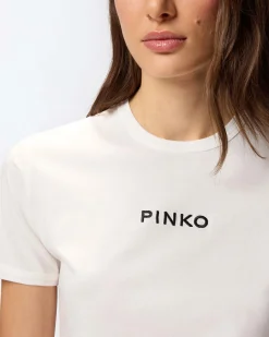 T-shirt bianca in cotone a maniche corte Pinko con scritta logo nera ricamata sul petto
