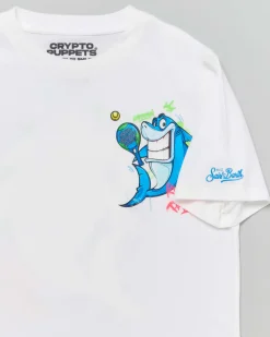 T-shirt bianca in cotone a maniche corte con stampa squalo padel
