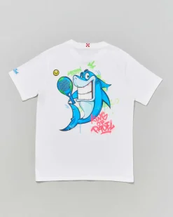 T-shirt bianca in cotone a maniche corte con stampa squalo padel