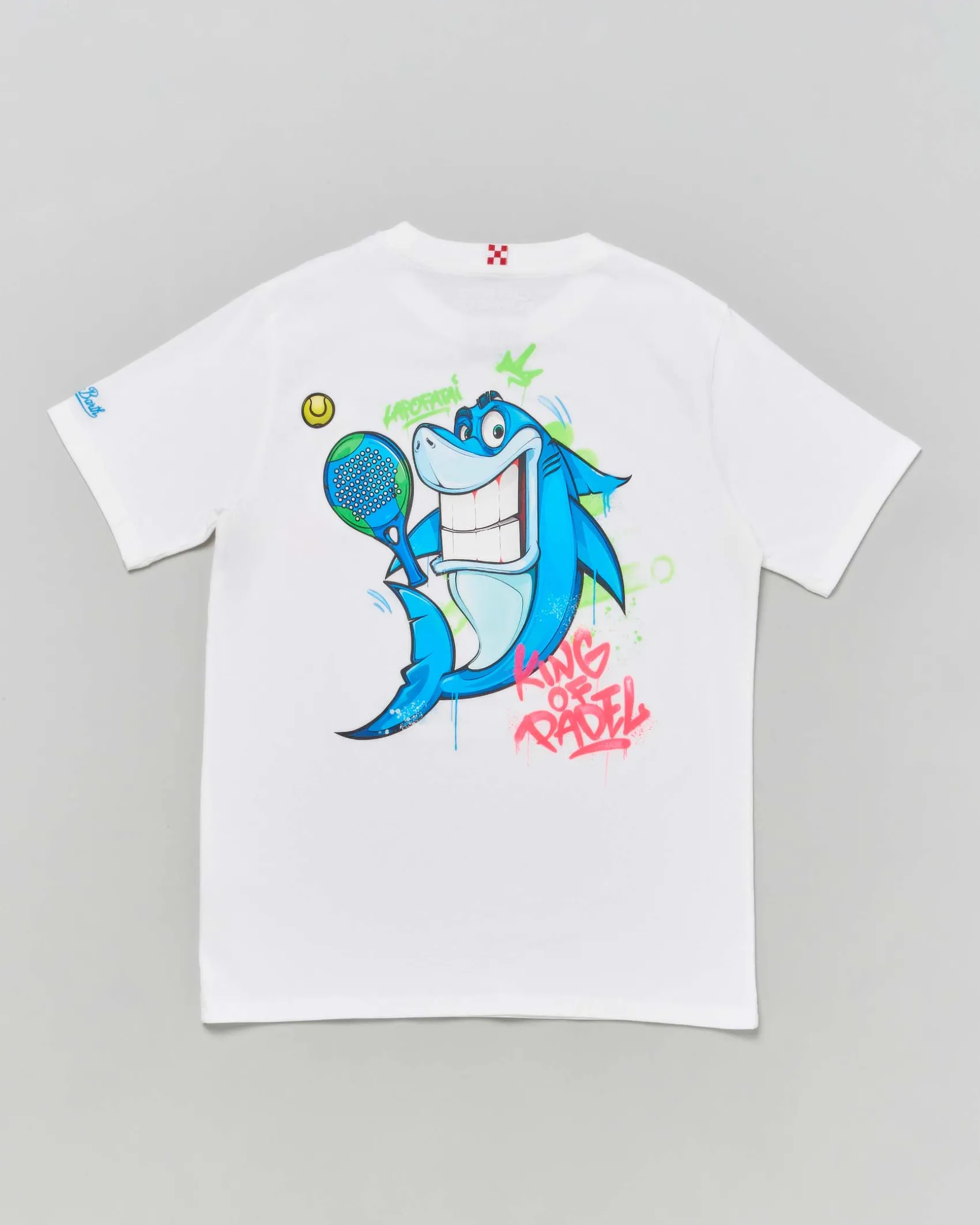 T-shirt bianca in cotone a maniche corte con stampa squalo padel