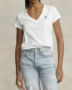 T-shirt bianca in cotone con scollo a V e logo blu ricamato