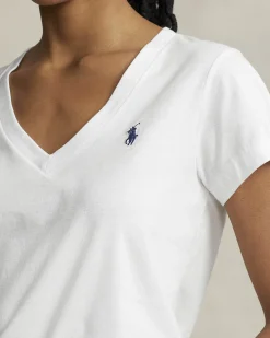 T-shirt bianca in cotone con scollo a V e logo blu ricamato