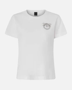 T-shirt bianca in cotone Pinko con maniche corte e logo in cristalli e perle ricamato sul petto