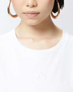 T-shirt bianca in cotone Pinko con logo ricamato tono su tono sul petto