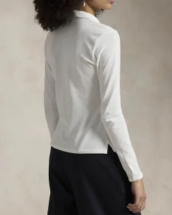 T-shirt bianca in piquè di cotone a maniche lunghe con bottoni e colletto a camicia