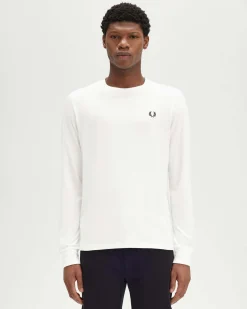 T-shirt bianca manica lunga in puro cotone con logo corona d'alloro sul petto