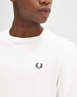 T-shirt bianca manica lunga in puro cotone con logo corona d'alloro sul petto