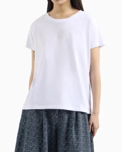 T-shirt bianca relaxed-fit in jersey di puro cotone con logo piccolo in strass centrale sul petto