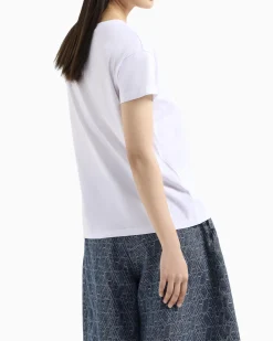 T-shirt bianca relaxed-fit in jersey di puro cotone con logo piccolo in strass centrale sul petto