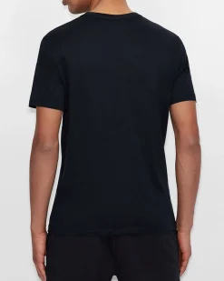 T-shirt blu a mezza manica tinta unita con logo piccolo stampato sul petto